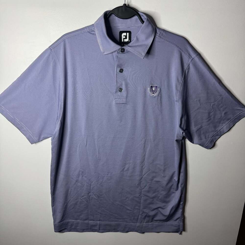 FootJoy Men's Medium Blue Striped Performance Golf Polo Shuttle Meadow Logo
